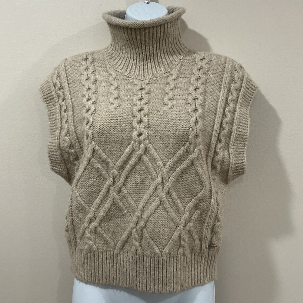 Guess Funnel Neck Sweater Vest Womens Medium Brown Cable Knit Sleeveless Chunky